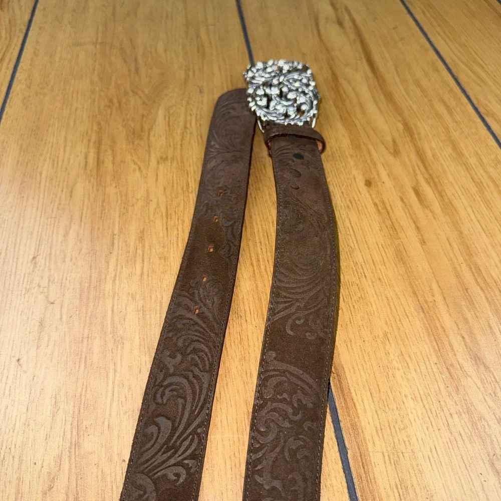 Justin Womens Brown Leather Western Belt Rhinestone Filigree Buckle USA 30